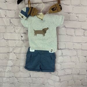 NWT rabbit + Bear Gray dachshund Sweater Shorts & socks Set organic cotton